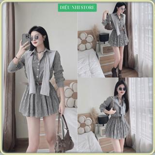 Siêu Phẩm Set 3  Món Váy Sơ Mi Kẻ Sọc Cổ Bẻ Kèm Khăn Troàng Cổ Và Đai Lưng Tôn Dáng Cực Xinh