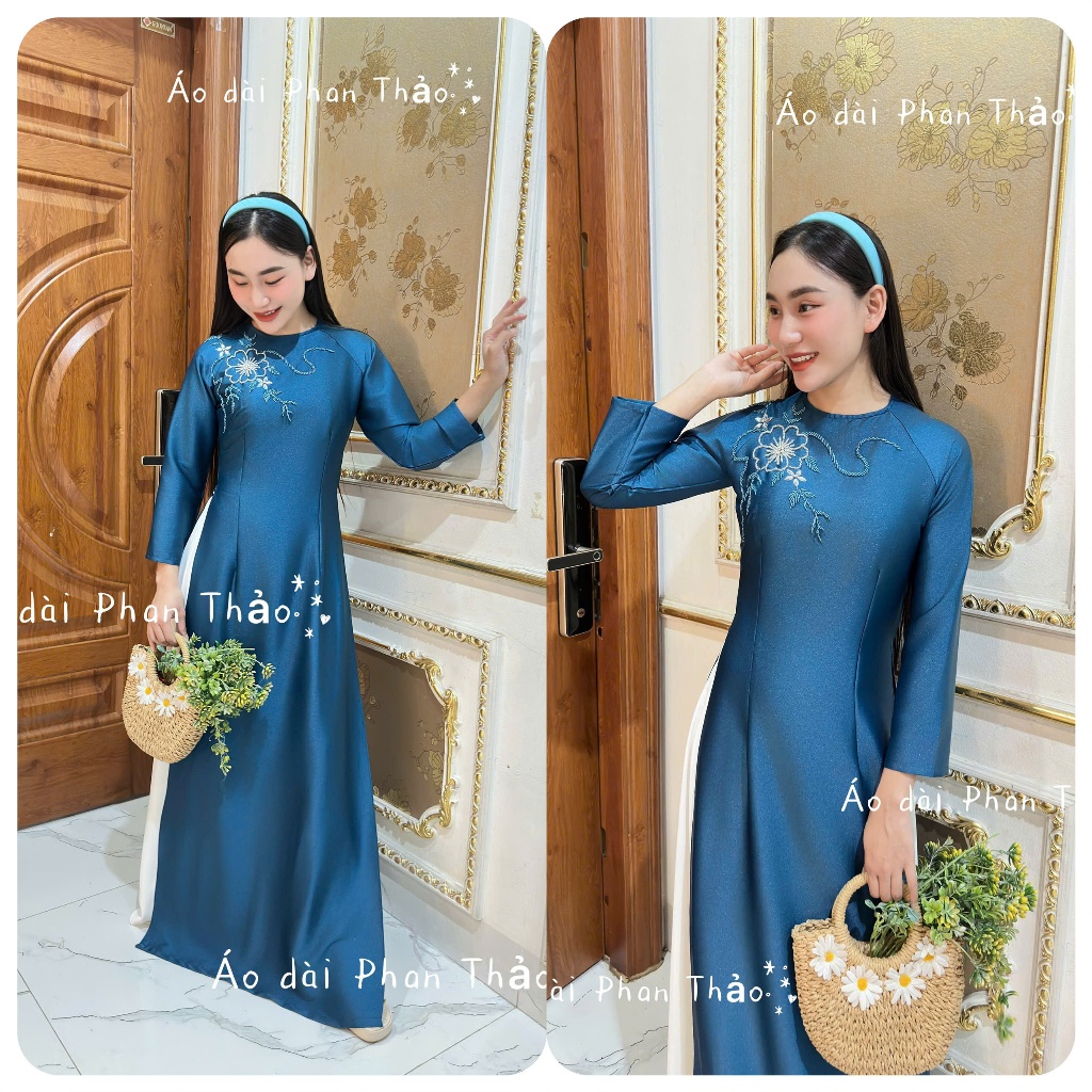 Áo dài truyền thống lụa gấm ánh sao thiết kế đính kết ruy băng - Áo dài cưới hỏi , áo dài bà sui mã 