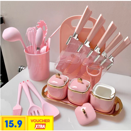 [SẴN ] Set DAO - HŨ GIA VỊ nhà bếp nấu ăn gia dụng MÀU HỒNG, bộ dao kéo thớt phủ lúa mạch Haza Decor