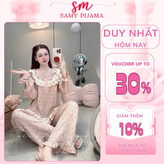  Bộ đồ pijama nữ dài tay thu đông bộ đồ ngủ SAMY mặc nhà họa tiết hoa cổ bèo chất đũi vân mây size 40-58kg cao cấp 