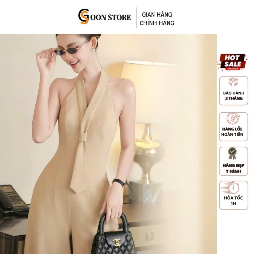 Jumpsuit dáng dài ống đứng cổ yếm phối nơ thanh lịch, sang chảnh Goon Store