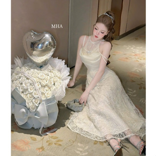 Đầm dự tiệc, váy đi dự tiệc cổ tròn ren hoa dây trễ vai dáng xòe dài đính tag đá hồ điệp thiết kế tiểu thư sang chảnh LO