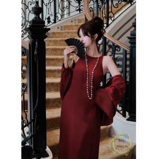 Váy đi dự tiệc, đầm ren dự tiệc lụa cổ tròn không tay dáng xòe dài kèm choàng thiết kế sexy tiểu thư sang chảnh LONA Ros