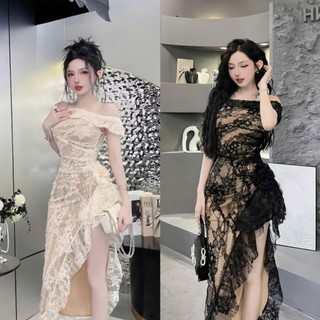  BIGSIZE HIẾU HIẾU  55-100KG  - Đầm ren hoa thiết kế đi tiệc dáng dài lệch vai xẻ đùi D526 