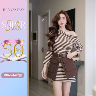 Set váy thun kẻ dài tay và cạp xẻ eo cao kèm belt THUYVANTRAN