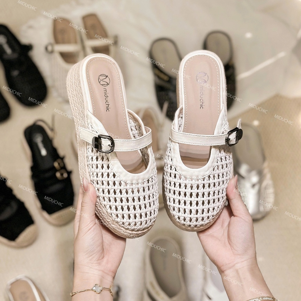Dép Sục Nữ MIDU CIRA Quai Da Đan Phối Khóa – Đế Cói 5 Phân 2 Màu Êm Chân