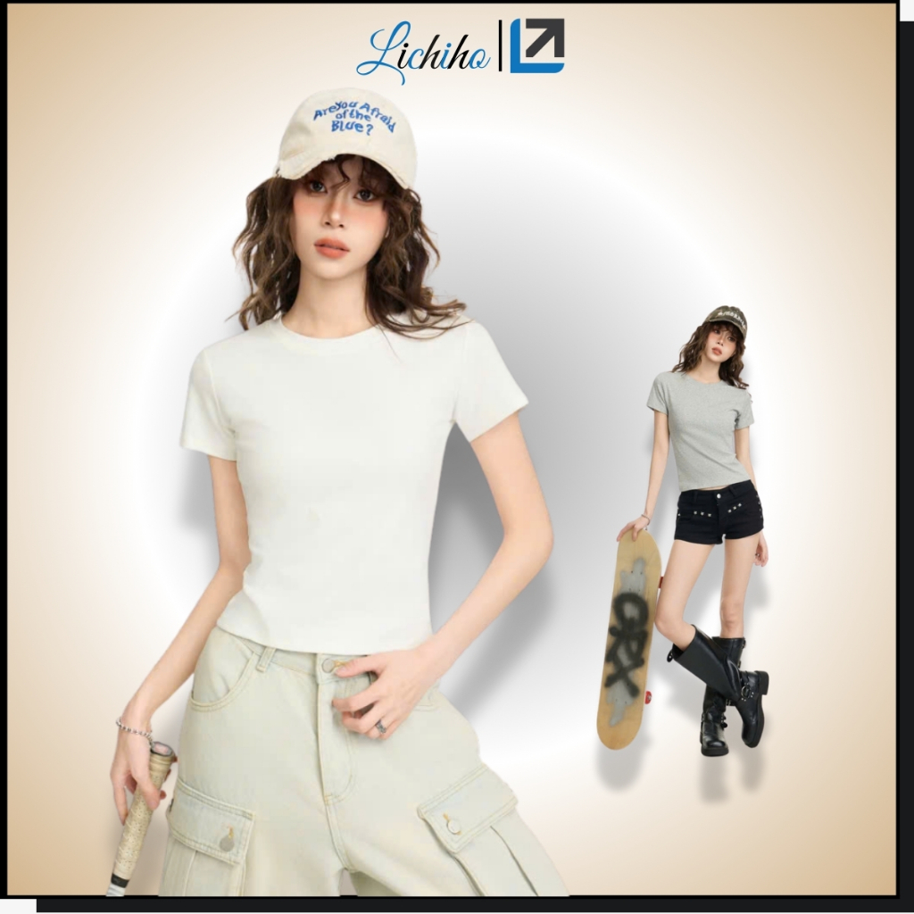 Áo Thun Nữ Croptop Ôm Body Cổ Tròn Tay Ngắn Áo Baby Tee Trơn Basic Lichiho
