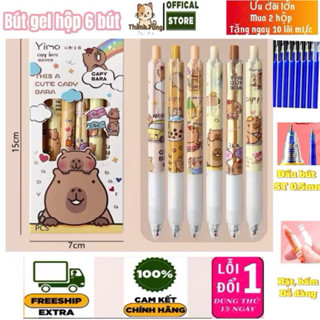  Combo 6 cây bút gel Capybara dạng bấm mực xanh mực đen cho học sinh bút mực đầu bấm 