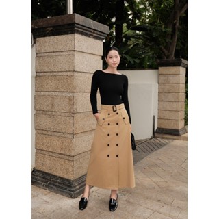 Chân Váy Nữ Dài Dáng Xuông Xòe Phối Cúc Cách Điệu SHEMODA Trency Skirt Chất Liệu Kaki Măng Tô 2 Lớp Dày Dặn Tôn Dáng