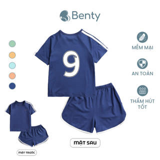  Bộ cộc tay cài chéo thể thao BENTY in số 9 màu trắng thấm hút mồ hôi tốt quần áo trẻ em dễ thương 