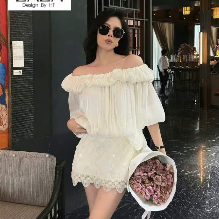 Set Đi Tiệc,Set Đồ Sang Chảnh Kiểu Dáng Áo Tơ Trễ Vai Tay Lửng Mix Chân Váy Ren Xinh Xỉu Z85