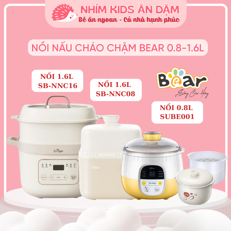 Nồi Nấu Cháo Chậm Cho Bé Ăn Dặm BEAR 0,8L - 1,6L | Nồi Nấu Đa Năng - Hấp Cách Thuỷ Chuẩn Giữ Dinh Dư