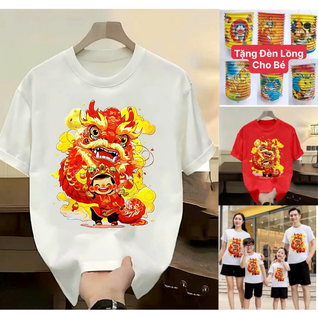 Áo Thun Cotton Cổ Tròn In Tết Trung Thu – Áo Phông Rằm Tháng 8 - In Hình Lân Sư Rồng, Áo vui trung t