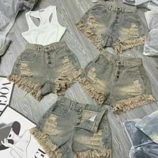  Quần đùi kaki short tua rua 3 size S ML phối 4 nút Quần Sooc Thô Trắng Đen Rách Quần short Jean nữ cạp cao 