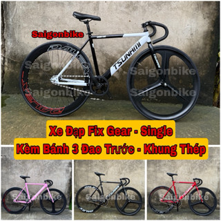 Xe Đạp Fixed Gear Và Single Tsunami Snm100 Bản Khung Thép Custom Kèm Bánh 3 Dao Trước - Phanh Tay - Dây Strap - Đồ Lắp
