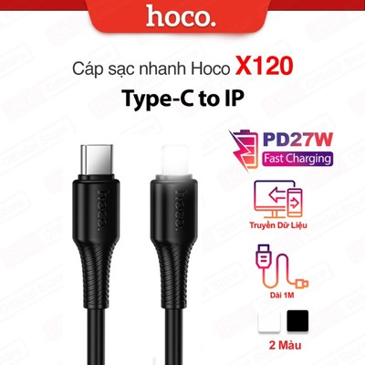 Cáp sạc nhanh PD27W Hoco X120 TypeC dùng cho ip6/7/8/X/11/12/13/14 dây dẻo siêu bền dài 100CM
