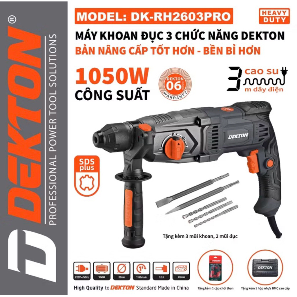 Máy khoan đục bê tông Dekton DK-RH2603PRO 1050W | Máy khoan đa năng 3 chức năng, khoan bê tông – gỗ 