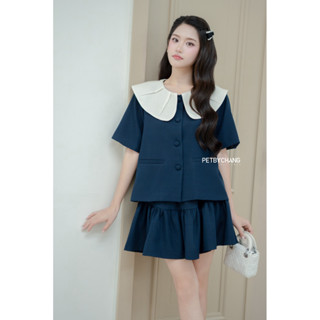 PETBYCHANG - Set áo Navy phối cổ bản to kèm chân váy phong cách tiểu thư Hàn Quốc trẻ trung thanh lịch
