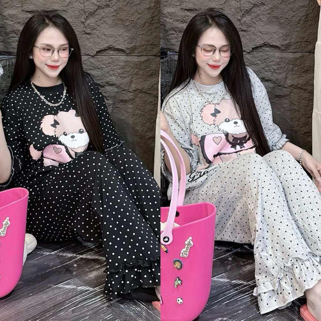 Set Bộ Bi Cún Hồng Viền Bèo Quần Suông - HN CLOSET