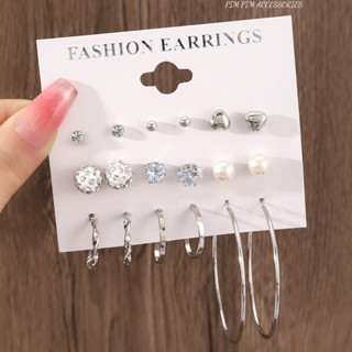  Set 9 Đôi Bông Tai Nữ Nhiều Kiểu Dáng Kiểu Nụ Và Khoen Tròn Phong Cách Hàn Quốc Tông Bạc 