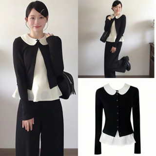 (Set 2 Món): Set Áo Cadigan Len Đen+Áo Trắng Cổ Sen Ngắn Dễ Mặc, Dễ Phối Diện Đi Chơi, Đi Cafe Hay Ở Nhà Đều Xinh