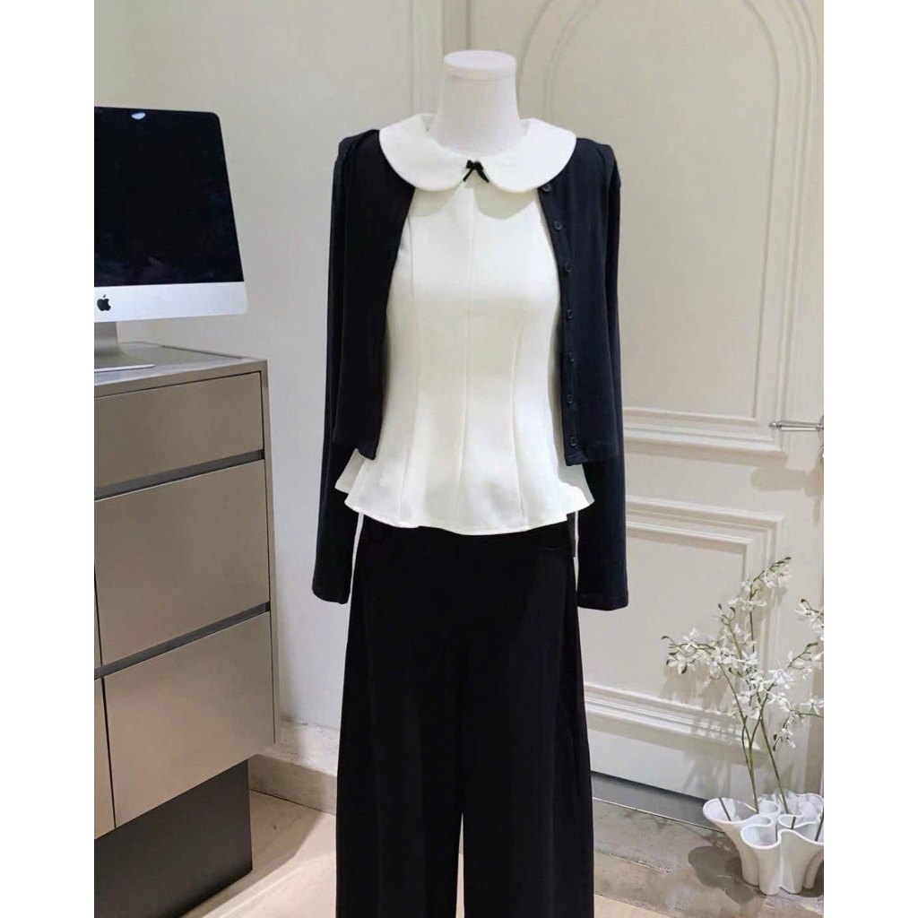 (Set 2 Món): Set Áo Cadigan Len Đen+Áo Trắng Cổ Sen Ngắn Dễ Mặc, Dễ Phối Diện Đi Chơi, Đi Cafe Hay Ở Nhà Đều Xinh | BigBuy360 - bigbuy360.vn