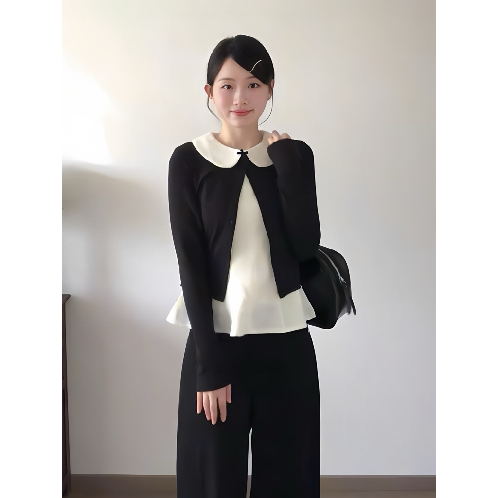 (Set 2 Món): Set Áo Cadigan Len Đen+Áo Trắng Cổ Sen Ngắn Dễ Mặc, Dễ Phối Diện Đi Chơi, Đi Cafe Hay Ở Nhà Đều Xinh | BigBuy360 - bigbuy360.vn