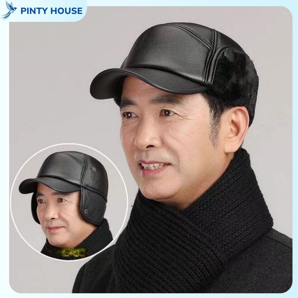 Mũ lưỡi trai da PU lót lông, có che tai giữ ấm, bảo vệ đầu và tai ấm áp mùa đông, phù hợp cho nam, quà tặng bố và ông
