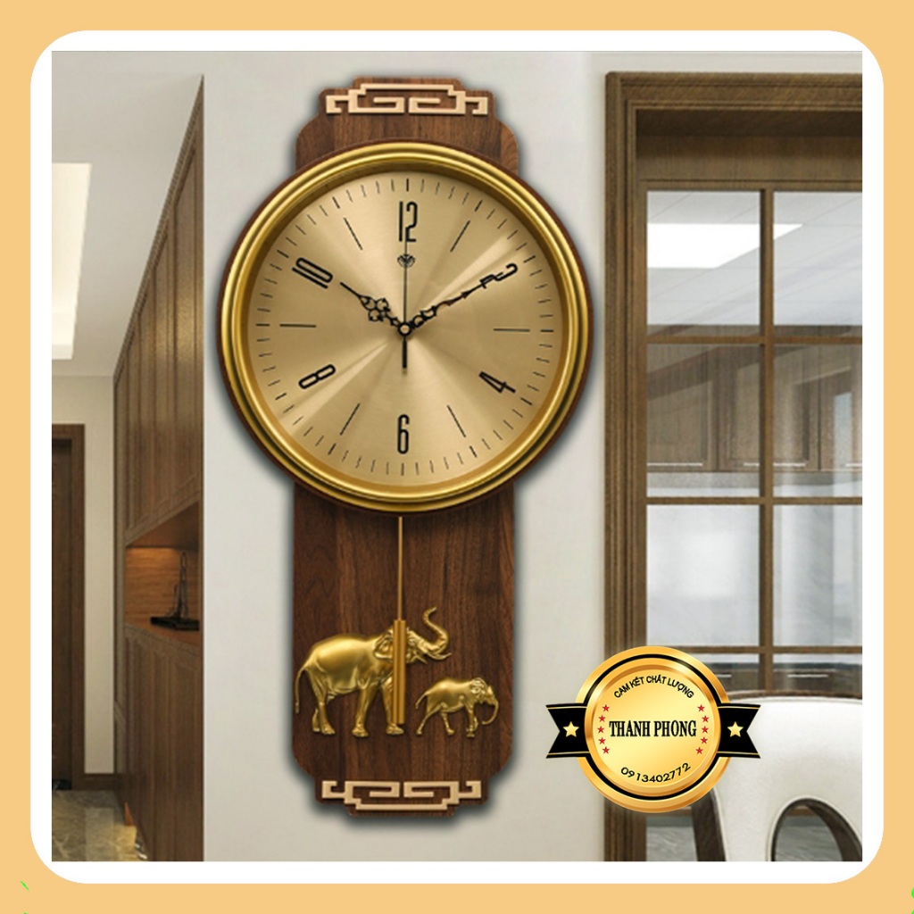 Đồng Hồ Treo Tường Quả Lắc Trang Trí Phòng Khách - Đồng Hồ Gỗ Treo Tường Quả Lắc Voi Vàng.
