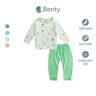 Bộ dài tay cài vai phối họa tiết hình dạng, caro BENTY mềm mịn thoáng khí quần áo trẻ em chính hãng