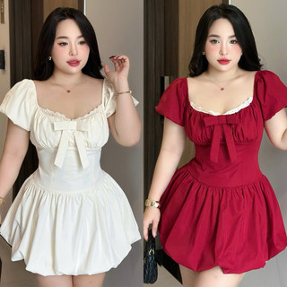  BIGSIZETIX D65 Đầm dự tiệc tiểu thư thiết kế cổ vuông phối ren chân váy tùng bí xinh xắn 50-90kg 