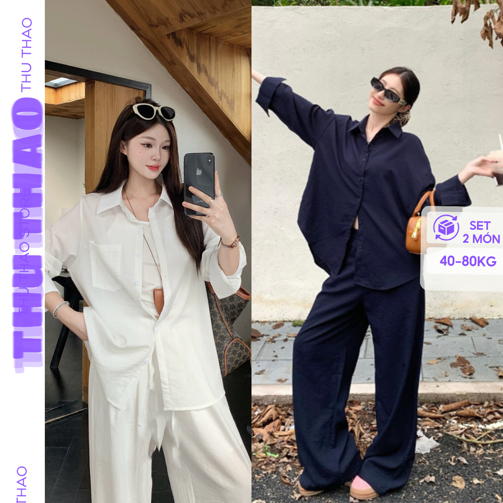Set Sơ Mi Trắng Dài Tay Mix Quần Ống Rộng Sang Trọng Set đồ nữ đẹp mặc đi chơi, đi biển BIGSIZE.