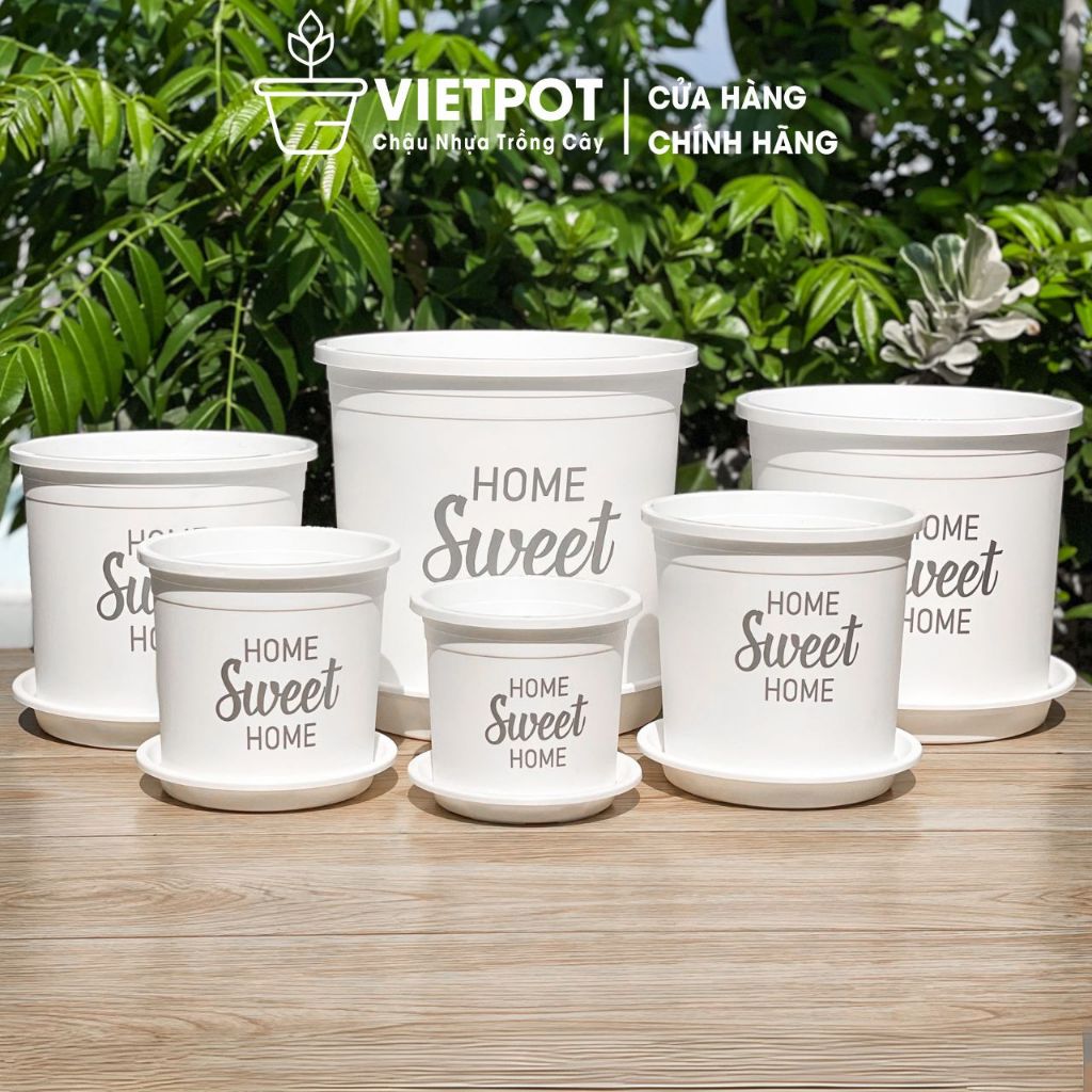 Chậu nhựa trồng cây VIETPOT, màu trắng, hoa văn Sweet Home, trồng hoa kiểng lá, để nhà, sân vườn.