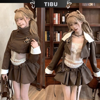 Set Áo Khoác Croptop Kèm Chân Váy Bí Phồng (ko kèm thắt lưng) TIBU Set Ba Món Xinh Xắn Đi Chơi Dạo Phố Thu Đông B600