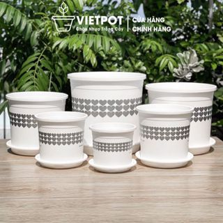 Chậu nhựa trồng cây VIETPOT, màu trắng hoa văn tim, trồng kiểng lá, hoa, để sân vườn, trang trí nhà.