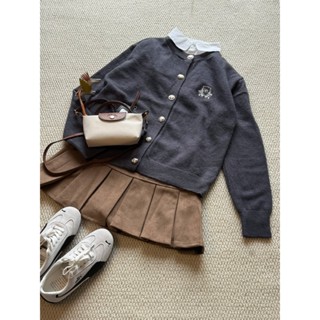 (ẢNH OLDSCHOOL) Áo len cardigan nữ TONE XÁM dáng dài thêu logo cúc đồng A220