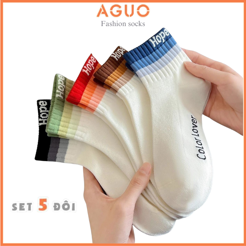 Tất vớ nữ cổ ngắn set 5 đôi màu trắng viền cổ nhiều màu , chất liệu cotton co giãn - Aguo Shop