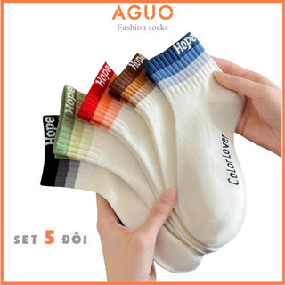 Tất vớ nữ cổ ngắn set 5 đôi màu trắng viền cổ nhiều màu , chất liệu cotton co giãn - Aguo Shop