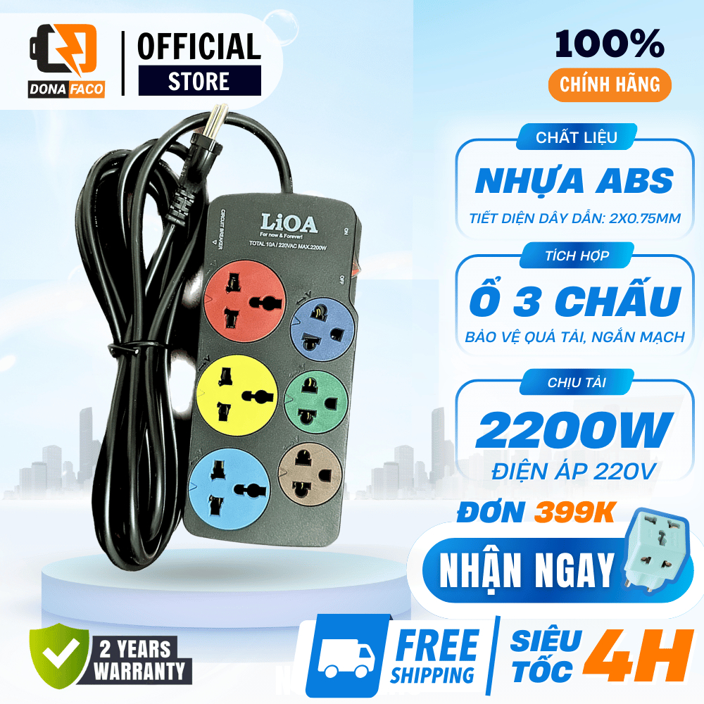 Ổ cắm điện đa năng LIOA 3D3S32 (Đen) gồm 3 ổ 2 chấu và 3 ổ 3 chấu chịu tải 2500W chính hãng