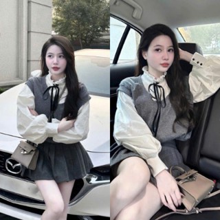 Lynne30 | Set 3 Món Áo Sơmi Phối Gile Tiêu + Chân Váy Dạ Hàng Chuẩn QC Loại 1
