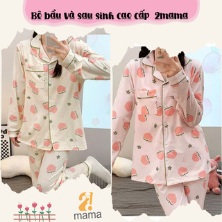 Bộ Pyjama Bầu Cotton Tim Đào nền Trắng,Hồng _ Đồ Bầu Sau Sinh Mở 2 Bên Cho Con Bú Và Quần Chun Chỉnh Bụng, Dài Tay 2mama