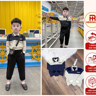  áo polo dài tay bé trai chất cotton gai phối màu be than kẻ ngang siêu đẹp phong cách hàn quốc 2232 