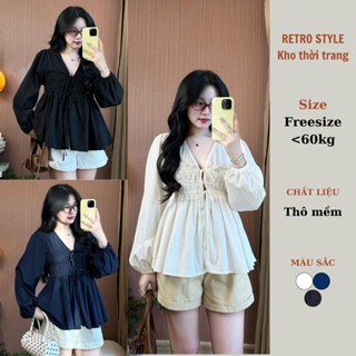  Áo Babydoll Nữ Cổ V Tay Bồng Bo Chun Eo Nhún Điệu Đà Retrostyle Áo Đi Làm Back To School Aobabydoll02 