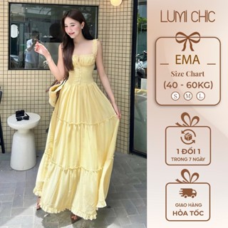 Váy nữ EMA maxi 2 dây bèo nhún siêu xinh, Đầm kẻ sọc bo chun đi biển phong cách tiểu thư LUMI CHIC