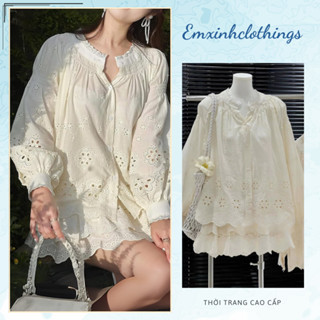 [Hàng cao cấp] Set áo babydoll kèm chân váy bồng vải thô hoa đục lỗ form siêu xinh _EmXinh Clothings