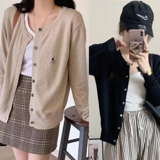  Áo Khoác Cardigan Mỏng Áo Len Dệt Kim Cổ Tròn Dài Tay Dáng Lỡ Phối Thêu Ngựa Ngực Trơn Hàng Qccc Phong Cách Hàn Quốc 