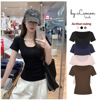 Áo thun cộc tay cổ vuông LEMON,chất  liệu thun tăm ,dáng babytee ôm dáng hack eo phong cách Hàn Quốc