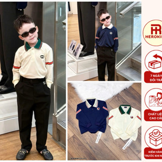 Áo polo dài tay bé trai cổ bẻ vải cotton gai thân trơn ngực thêu logo tay phối kẻ phong cách boy phố 2214
