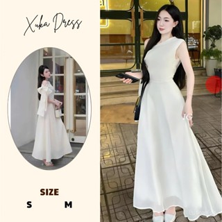  Đầm maxi dáng dài Xukadress váy voan kem lệch vai kèm nơ tôn dáng cho nữ dự tiệc thanh lịch 