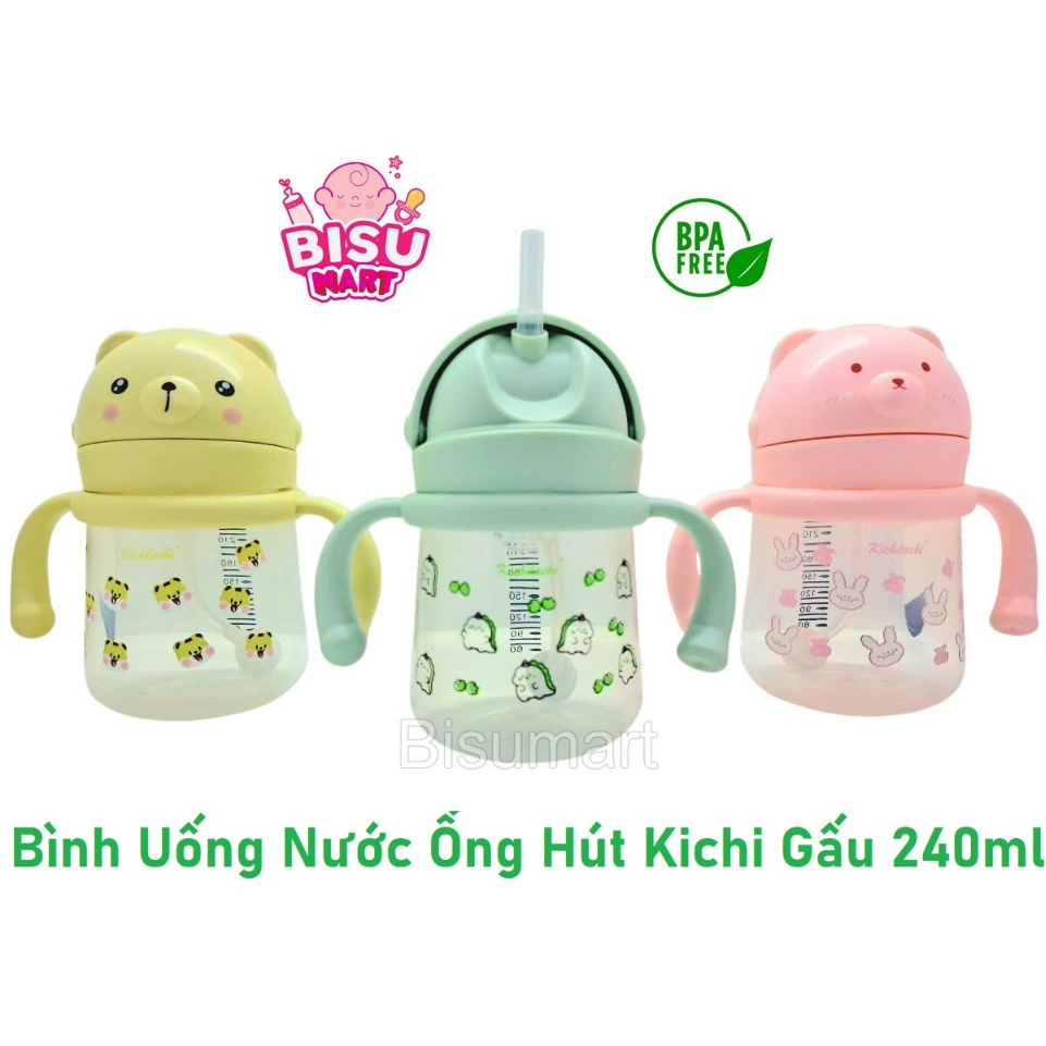 Bình tập uống nước ống hút PP Kichilachi cho bé 240ml